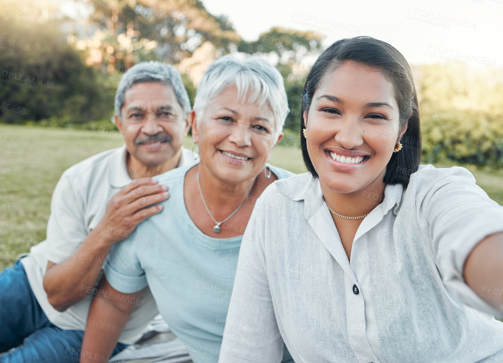 Buy stock photo Family, selfie and senior people with picnic in park with bonding, social media and post. Portrait, elderly parents and happy on lawn with love, care and support together with profile picture