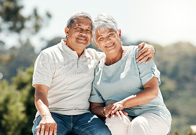 Buy stock photo Senior couple, portrait and hug in nature on vacation, holiday or summer bonding. Face, hugging and retirement of man and woman with happiness, love or enjoying quality time together on date outdoor.