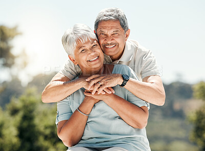 Buy stock photo Senior couple, portrait and hug in nature on vacation, holiday or summer bonding. Face, hugging and retirement of man and woman with a smile, love and enjoying romantic time together on mockup space.