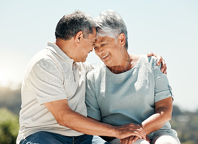 Buy stock photo Senior couple, intimate and smile in nature on vacation, holiday or summer bonding. Hug, love and retirement of man and woman with affection, enjoying quality time together and romantic date outdoor.