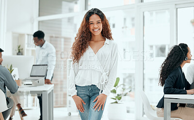 Buy stock photo Happy, business woman and portrait with digital intern and confidence from web writer at agency. Creative, smile and African employee for press, reporter and journalism work in office with staff