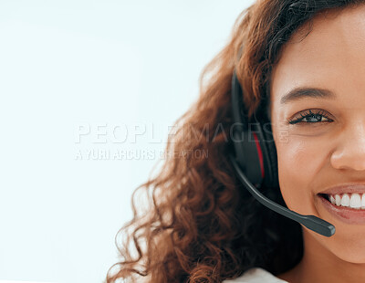 Buy stock photo Call center, woman and consultant with headset portrait for customer service, technical support and happy on mockup. Telemarketing, agent and face of help desk operator with microphone for assistance