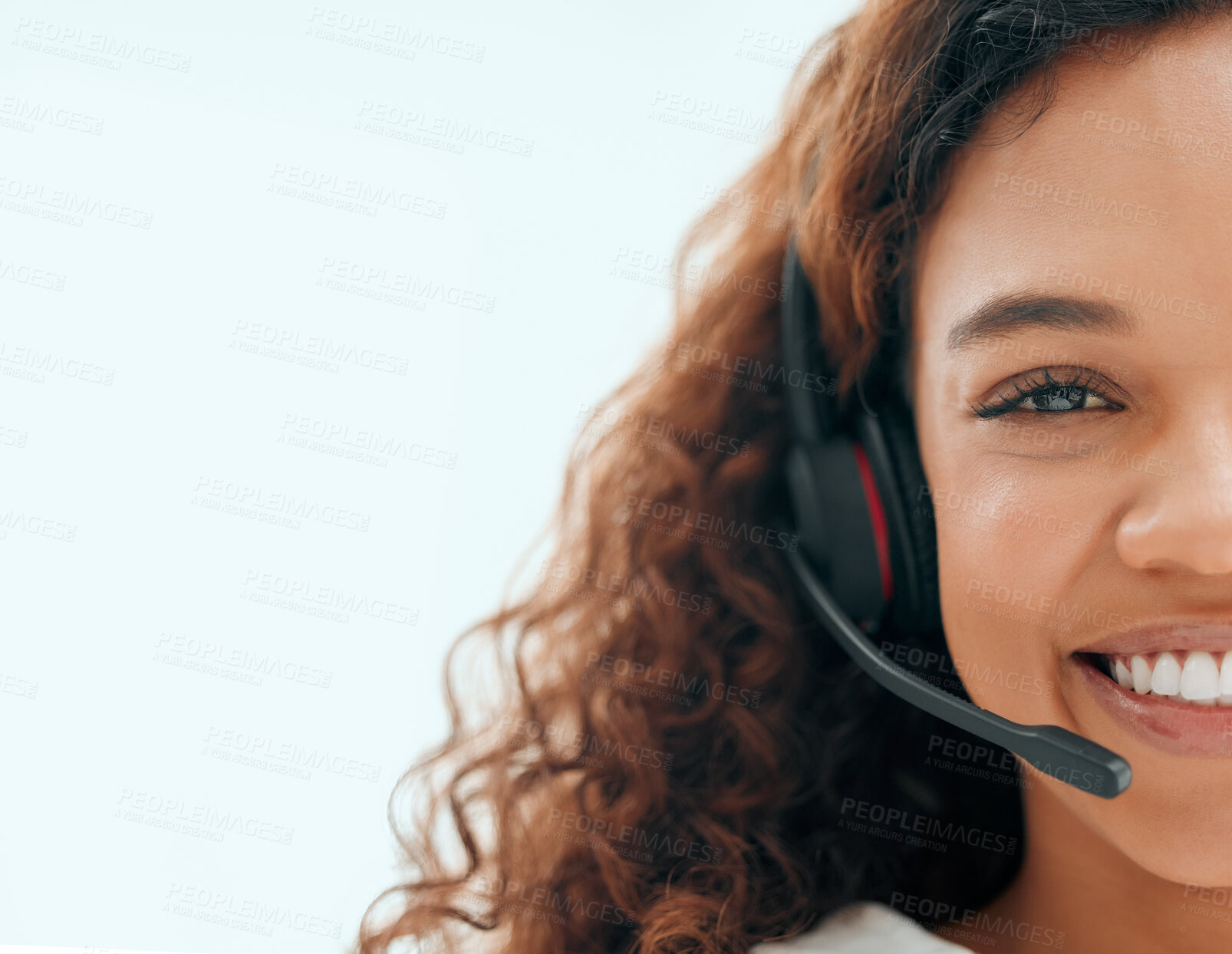 Buy stock photo Call center, woman and consultant with headset portrait for customer service, technical support and happy on mockup. Telemarketing, agent and face of help desk operator with microphone for assistance