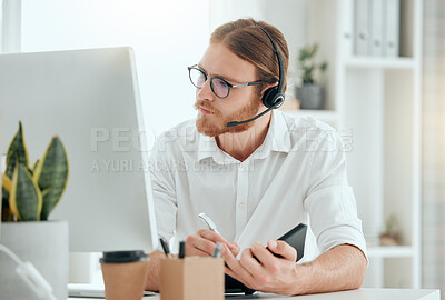 Buy stock photo Writing, businessman and microphone with computer for call center, telemarketing and customer information. Office, male agent and digital with headset for listening, helping and notebook for question