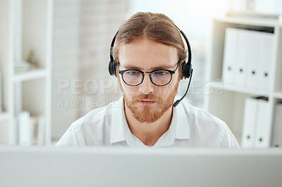 Buy stock photo Call center, man and consultant with headset at computer for customer service, technical support and legal advice. Telemarketing, agent and help desk operator with microphone for virtual assistance