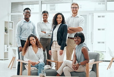 Buy stock photo Cropped portrait of a diverse group of young businesspeople posing in the office