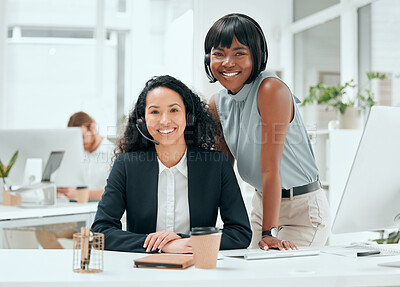 Buy stock photo Cropped portrait of an attractive young female call center agent and her supervisor working in the office