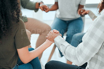 Buy stock photo Circle, holding hands and support with praying in office for solidarity, faith and trust with religion at job. Men, woman and helping hand for prayer, team building and diversity with mindfulness