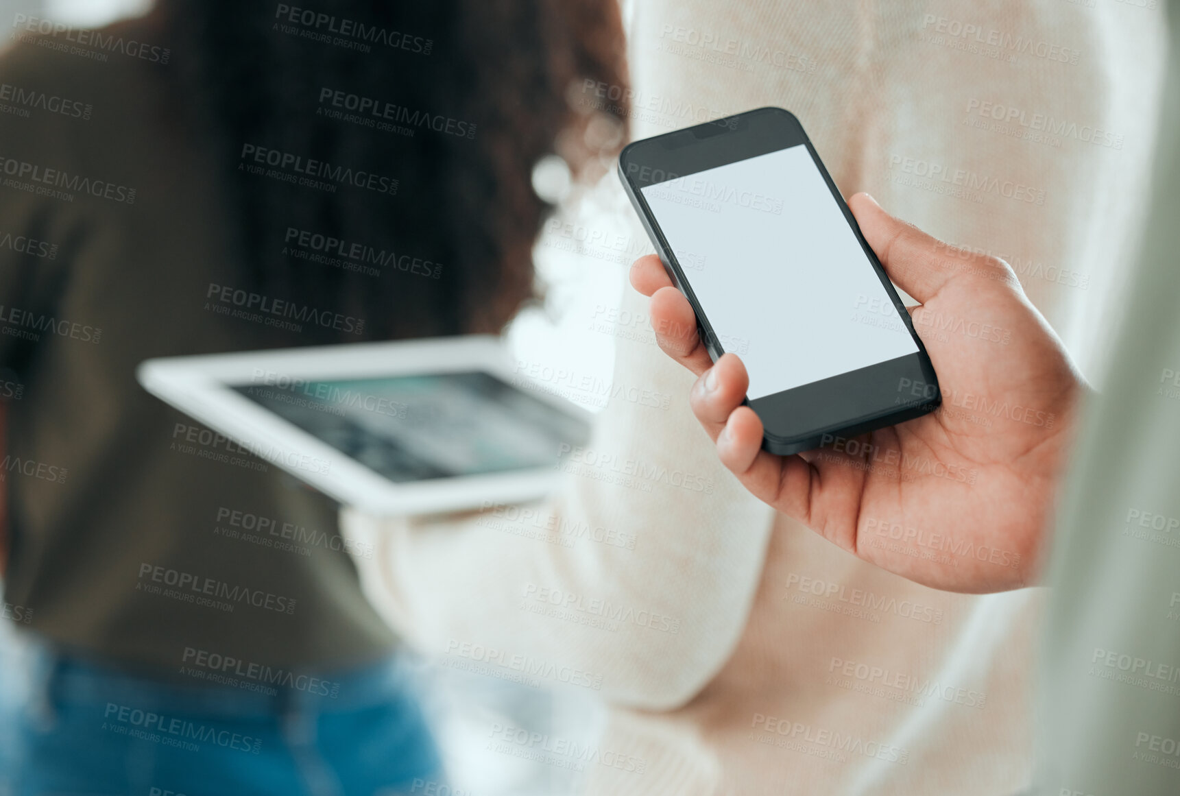 Buy stock photo Row, hand and person with phone screen for connection, network and access internet for communication. Smartphone user, digital or online with mobile brand for advertising, promotion and mockup space