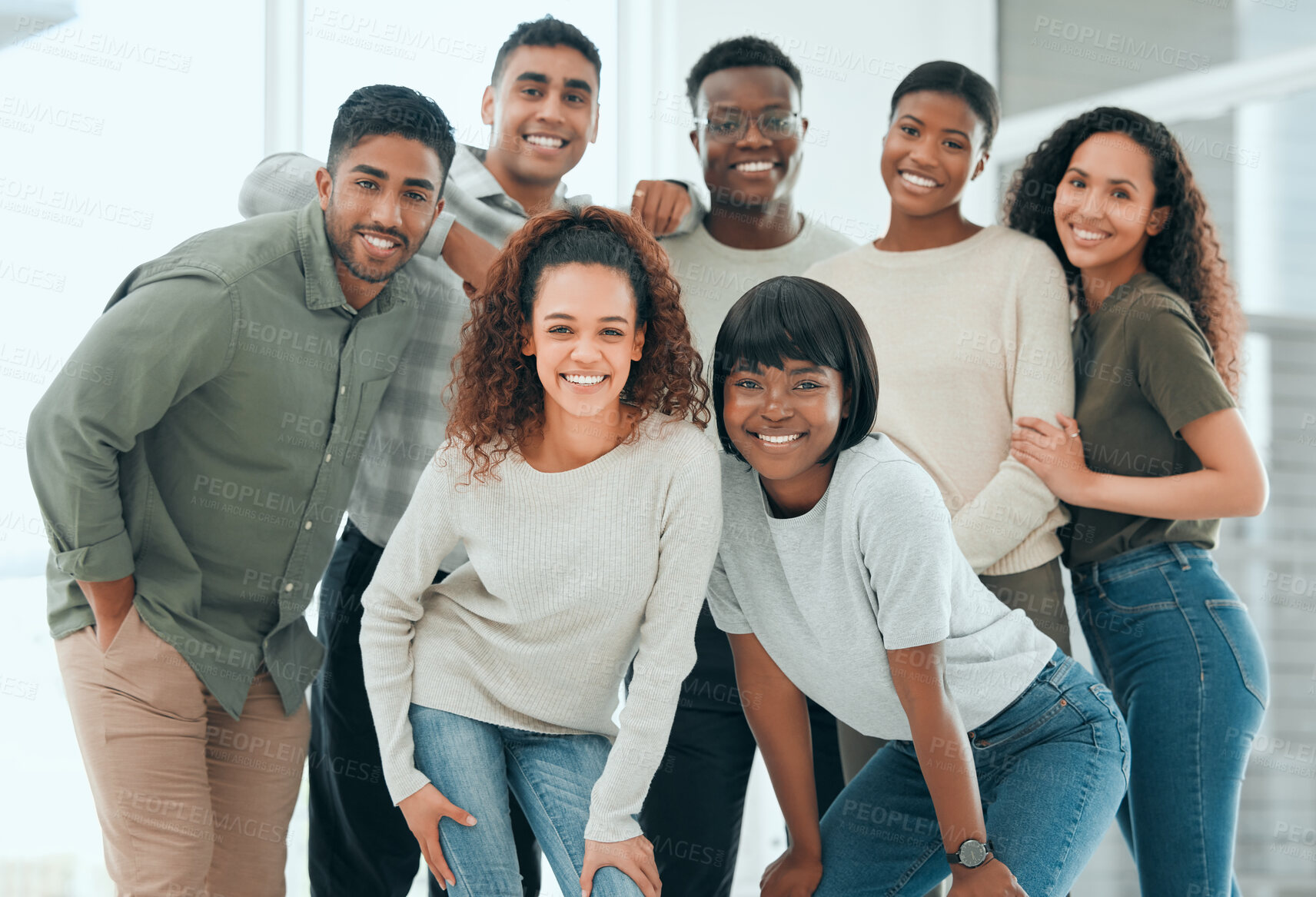 Buy stock photo Diversity, portrait with group of students and smiling after class together. Teamwork, collaboration and smile with happy friends and young people pose for community at school reunion for support