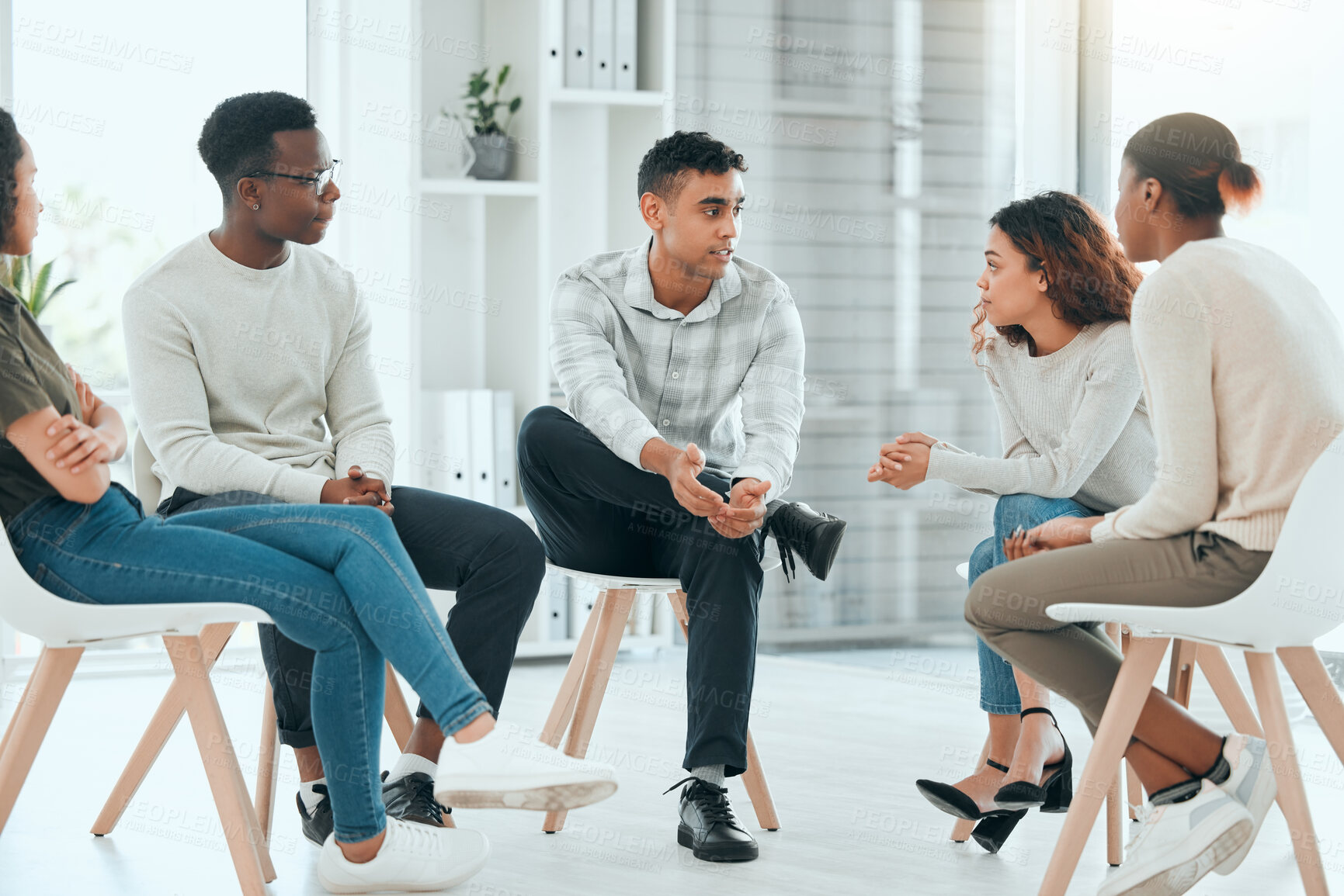 Buy stock photo Office, communication and support group with counseling, empathy and workshop for company care. Meeting, listening and discussion about mental health help and work life balance with staff community