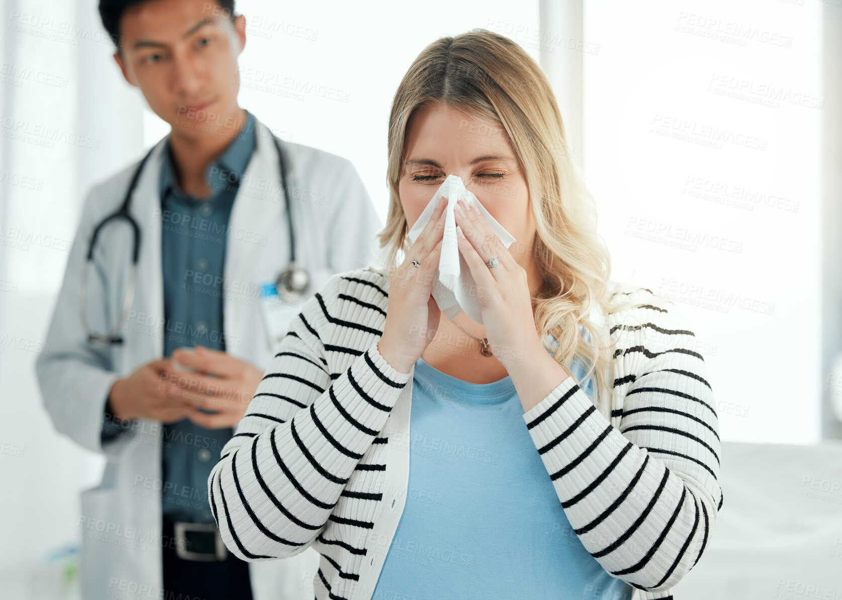 Buy stock photo Clinic, advice and prescription with woman and blowing nose for medicine, sick and disease. Medical, healthcare and lady with physician and check up for fever drugs, wellness or flu diagnosis