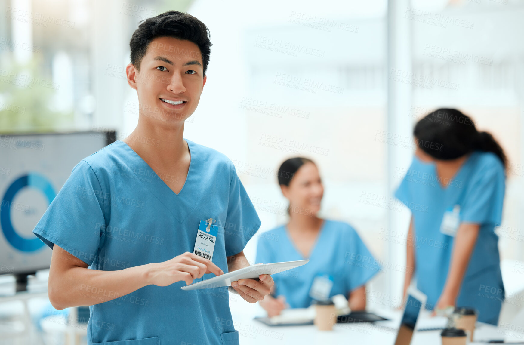 Buy stock photo Man, medical student and happy with tablet on teamwork and collaboration for medicine research. People, internship program and smile on portrait with meeting for group work and assignment at clinic