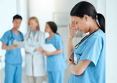 Buy stock photo Headache, stress or sad nurse in hospital with burnout, anxiety or fatigue working with medical emergency. Migraine, tired woman or depressed healthcare worker with depression in hospital or clinic