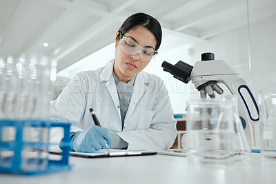 Buy stock photo Laboratory, woman and scientist with clipboard for writing, treatment notes and planning for experiment. Healthcare, female expert or doctor with analysis for study test, checklist and medical report