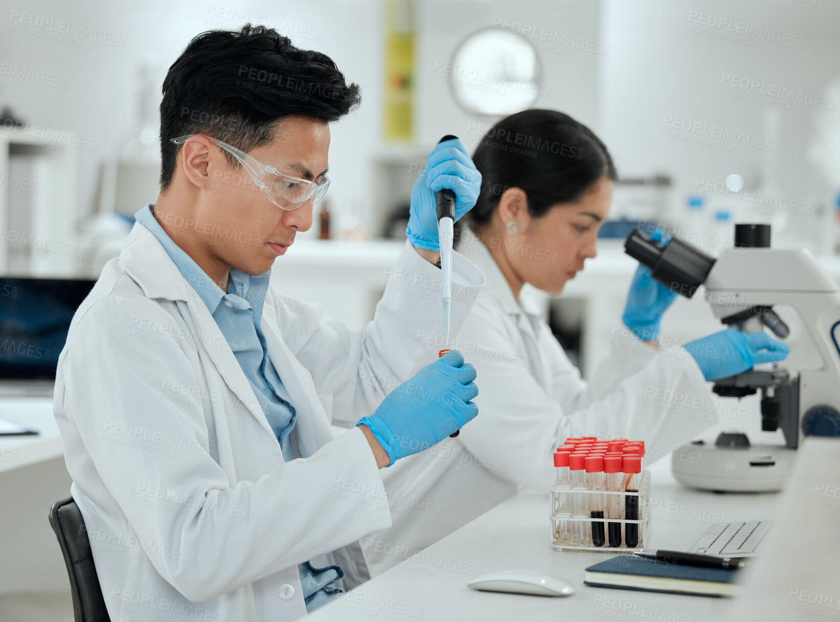 Buy stock photo Tube, blood test and man in laboratory for science breakthrough, clinical trial or discovery. DNA vial, medical exam or scientist with dropper for vaccine research, mpox cure or disease development