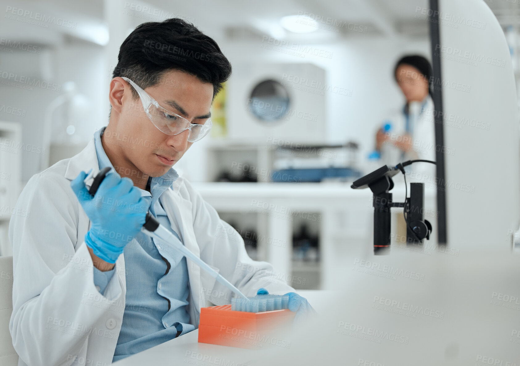 Buy stock photo Test tube, dropper and man in laboratory for science breakthrough, clinical trial or discovery. DNA vial, medical exam or scientist with samples for vaccine research, mpox cure or disease development