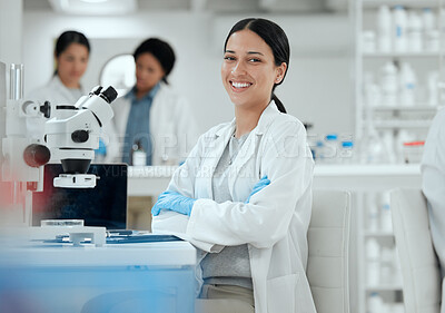 Buy stock photo Laboratory, scientist or woman in portrait with arms crossed for science, medical expert and microbiology study. Career, female biologist or doctor with confidence for experiment, research and happy