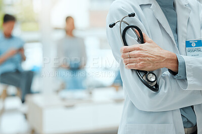 Buy stock photo Shot of an unrecognizable doctor holding onto a stethoscope