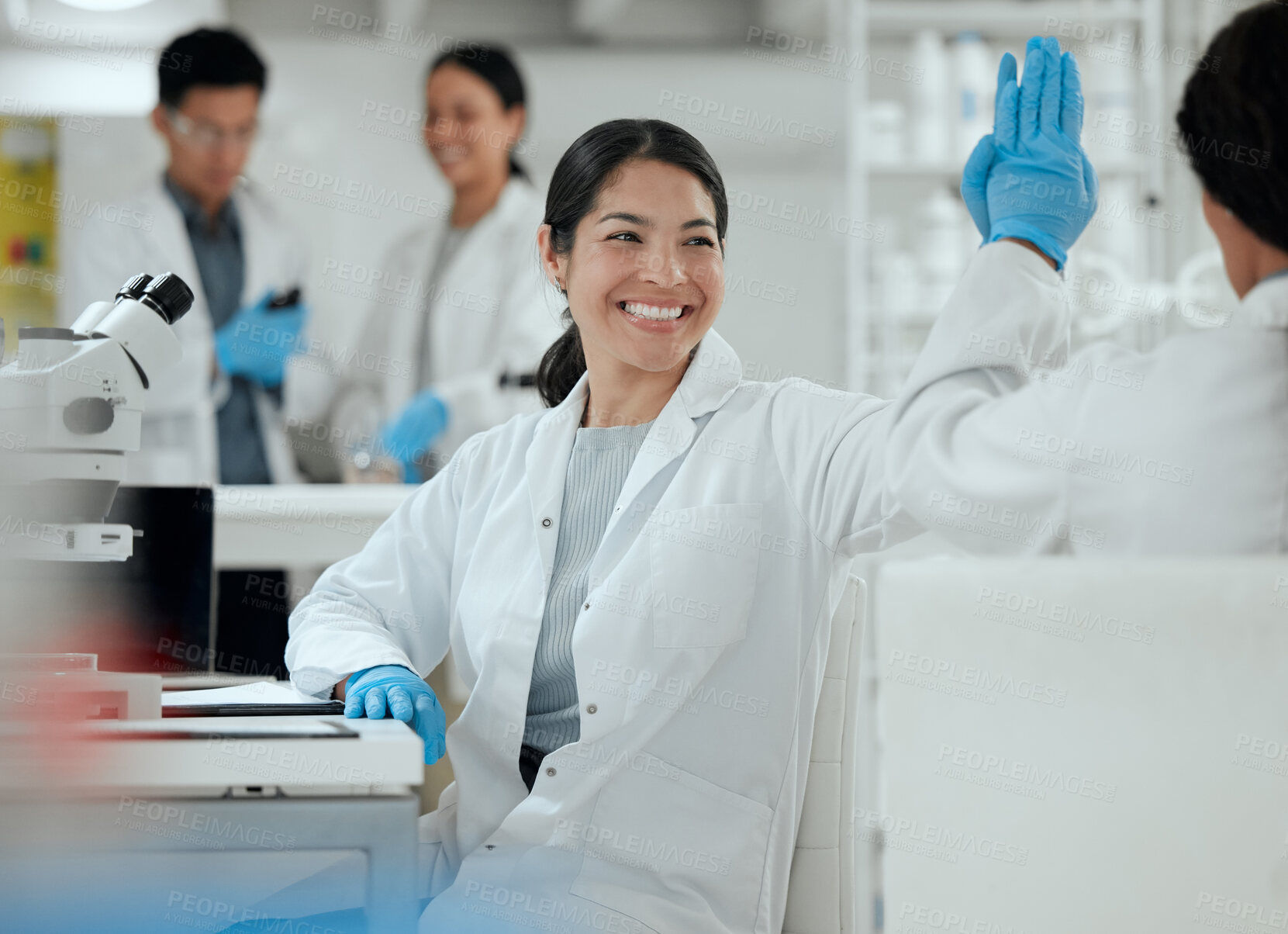 Buy stock photo High five, success and happy woman in laboratory for science breakthrough, clinical trial or discovery. Goals, medical target or scientist with innovation for vaccine research, cure or development