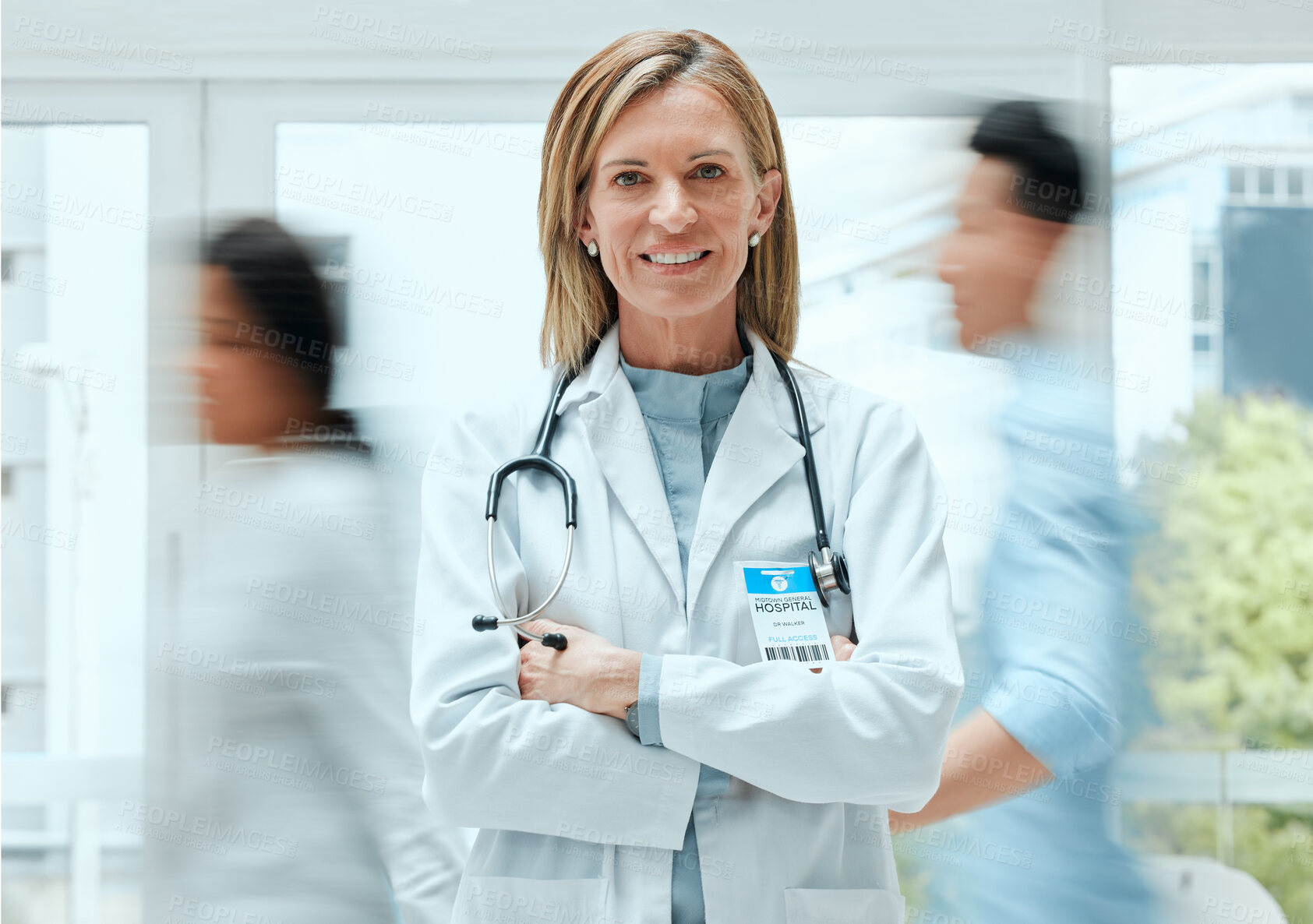 Buy stock photo Portrait, confident and doctor with stethoscope in hospital for cardiology, patient care and healthcare diagnosis. Woman, surgeon pride and arms crossed for treatment, wellness advice and about us