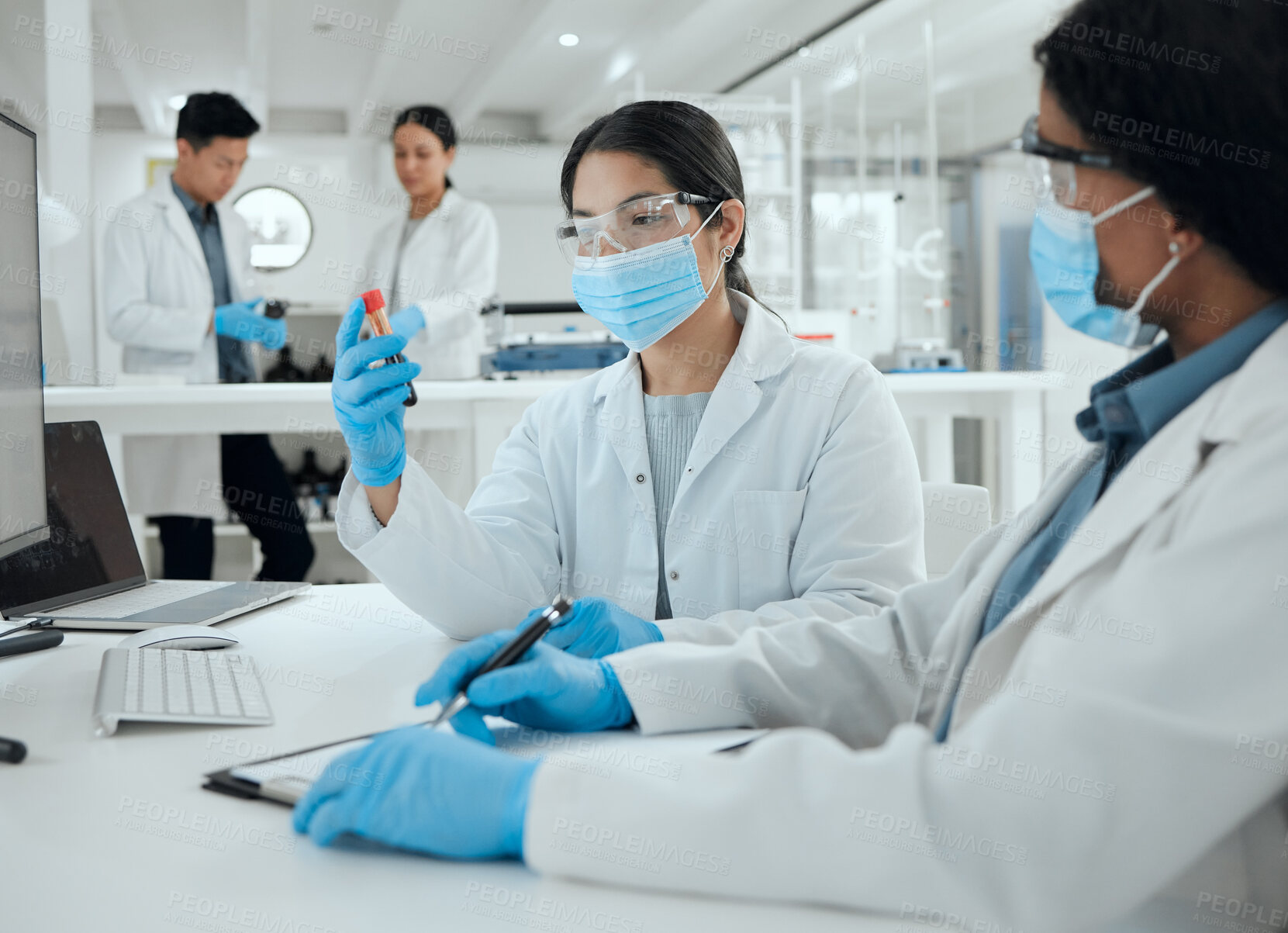 Buy stock photo Scientist, woman and test tube with teamwork in lab for dna analysis, medical research and pharmaceutical trial. Pharma company, experts and blood vial for vaccine development and experiment with ppe