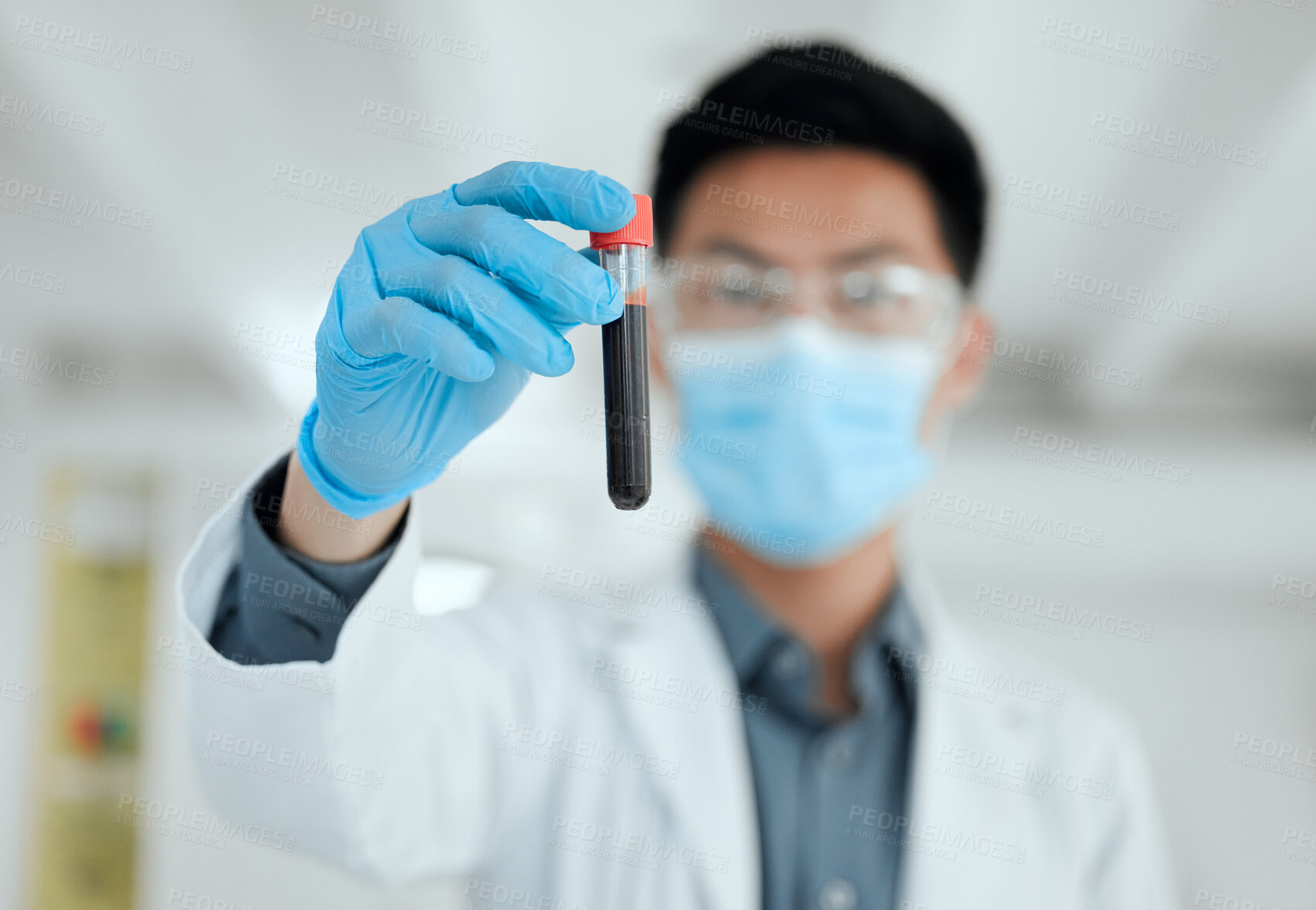 Buy stock photo Scientist, blood test or hand of man in lab for medical breakthrough, clinical trial or discovery. DNA, science biology or mask for vaccine research with vial for mpox cure or disease development