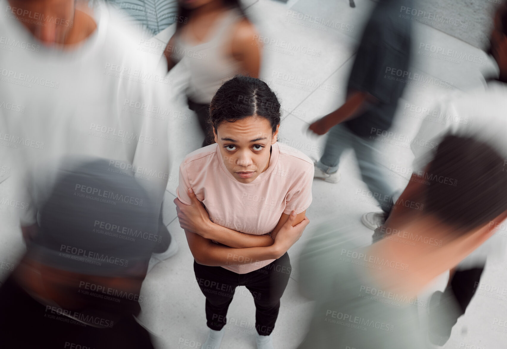 Buy stock photo Mental health, portrait and woman with phobia of people for bipolar terror, addiction or schizophrenia. Personality disorder, scared girl or panic with psychosis, top view or trauma anxiety in public