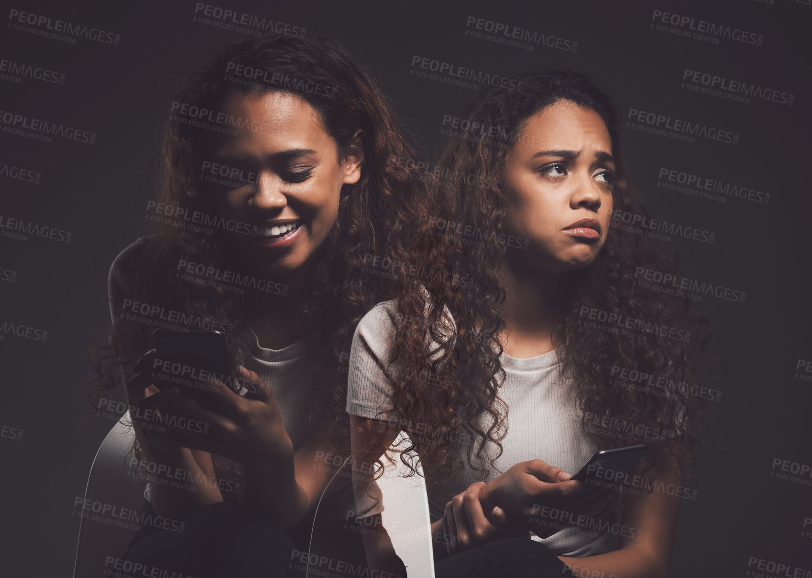 Buy stock photo Mental health, phone and woman in studio on social media with stress, fear or bipolar disorder. Double exposure, cellphone and female person with trauma, anxiety or schizophrenia by black background.