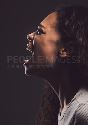 Buy stock photo Woman, fear and depression in crying for help, anxiety and scream for mental health on dark background. Female person, bipolar disorder and sad, therapy or healing in grief, loss or anger for trauma