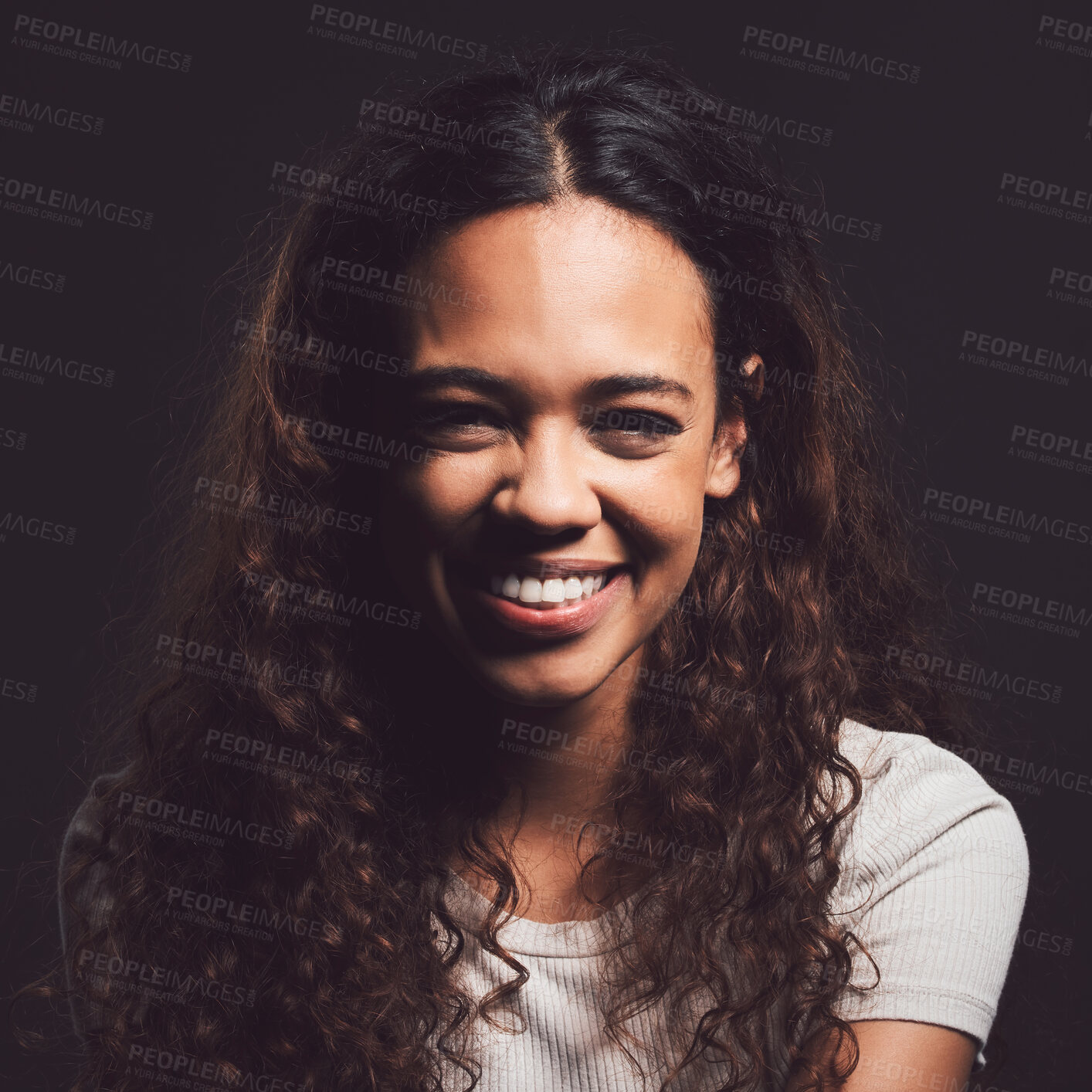 Buy stock photo Trauma, portrait and person with smile and bipolar disorder in studio for mental health, psychology and ptsd illness. Identity crisis, mindset and schizophrenia with woman on black background