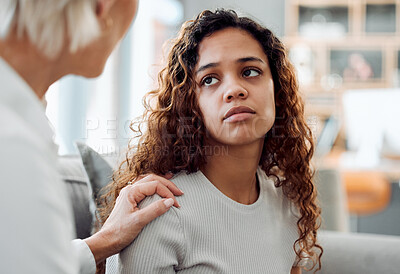 Buy stock photo Woman, therapist and support sad patient in consultation for mental health, help or empathy. Psychology, hand and comfort girl for kindness, care and rehabilitation for stress or depression in office