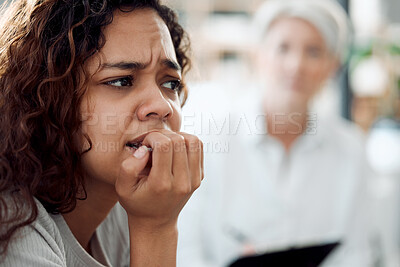 Buy stock photo Woman, stress and patient thinking in therapy consultation for mental health crisis, trauma or abuse. Psychology, counseling or girl with depression, anxiety or help with grief or challenge in office