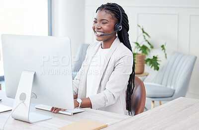 Buy stock photo Customer service, woman with headset and computer at her desk in her modern workplace. Telemarketing or call center, online communication or crm and black female person at her workstation for support