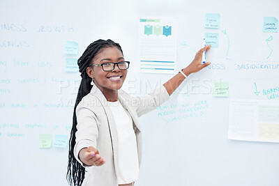 Buy stock photo Portrait, brainstorming and black woman with ideas, planning and creative with development, growth and smile. Face, female person and employee writing, presentation and professional with analysis