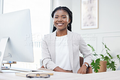 Buy stock photo Business, smile and portrait of black woman at desk for corporate career, pride or happiness. Face of professional african female entrepreneur or CEO with success mindset, development and growth