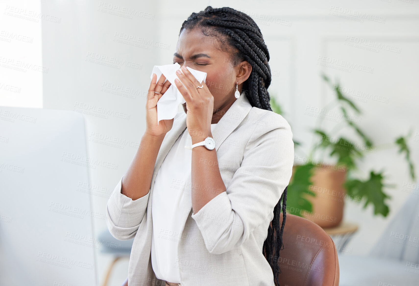 Buy stock photo Sneeze, black woman and desk with tissue for allergies, sick and flu or cold in office. Toilet paper, health and covid or virus for female person with infection, workplace and illness or hayfever