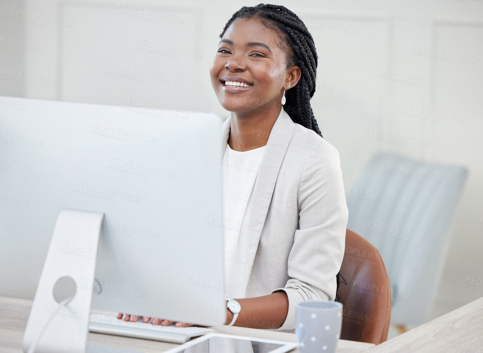 Buy stock photo Computer, smile and black woman at desk, portrait and internet or online in office. Technology, keyboard and planning for research and email, creative and web design for female person in workplace
