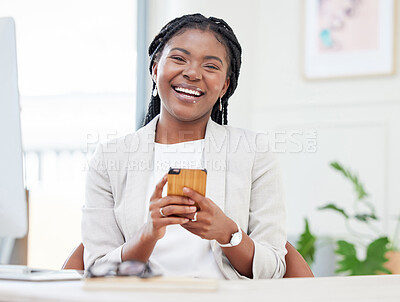 Buy stock photo Business, black woman and laughing portrait with a phone at a desk for communication, chat or social media. Happy african female entrepreneur smile for smartphone app or meme with network connection