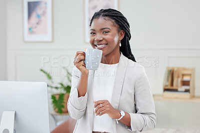 Buy stock photo Black woman, business and smile portrait with coffee in office for corporate career. Face of professional african female entrepreneur or CEO with tea cup, success mindset or startup growth motivation