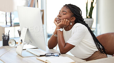 Buy stock photo Burnout, sleeping and business with black woman in office for tired, overworked and stress. Mental health, fatigue and exhausted with female employee napping at desk for depressed, bored and relax