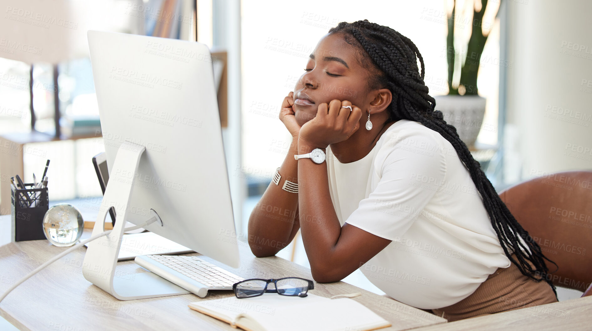Buy stock photo Burnout, sleeping and business with black woman in office for tired, overworked and stress. Mental health, fatigue and exhausted with female employee napping at desk for depressed, bored and relax