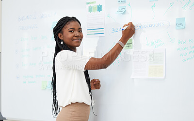Buy stock photo Planning portrait, brainstorming and a black woman on a whiteboard for project goals and analysis. Business, strategy and an African employee writing a creative presentation or executive idea