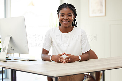 Buy stock photo Happy, portrait and a black woman at a desk for work, office management or start of a new job. Smile, business and a corporate African female lawyer at a table in the workplace for a career in law