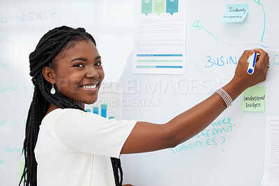 Buy stock photo Notes portrait, brainstorming and a black woman on a whiteboard for project goals, analysis and planning. Business, strategy and an African employee writing a creative presentation or schedule idea