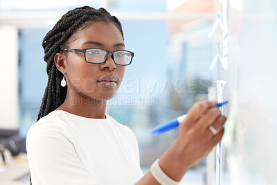 Buy stock photo Writing, strategy and black woman with happiness at board planning a business analyst project. African female person, focus and professional with staff notes and moodboard working on company data