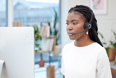Buy stock photo Black woman, call centre and headphone or computer in office as advisor for customer service. African, female person and telemarketing for conversation with client for sales or support at company