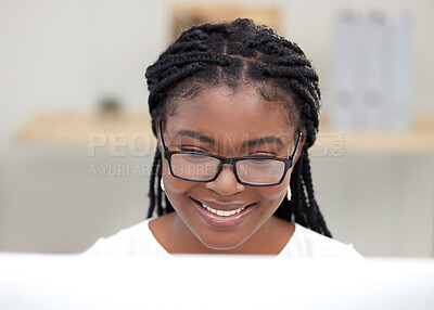 Buy stock photo Computer, smile and black woman typing for company, writing and copywriter for creative business. Employee, girl and female worker with connection to internet, office and startup with technology