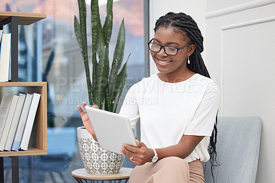 Buy stock photo Tablet, happy and business black woman in office online for social media, internet and networking. Professional, corporate and female person on digital technology for website, research and contact