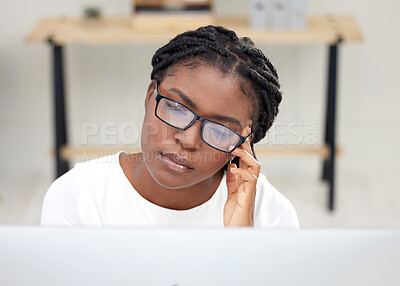 Buy stock photo Computer, tired and black woman typing for company, writing and copywriter for creative business. Employee, girl and female worker with connection to internet, office and burnout in workplace